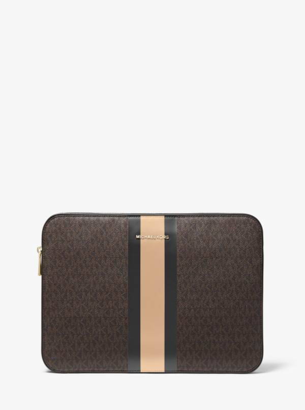 Damske Spojková Taška Michael Kors Jet Set Logo Stripe 13 Inch Laptop Case Hnede Čierne - Kabelky Michael Kors Akcia | INOFV-8913